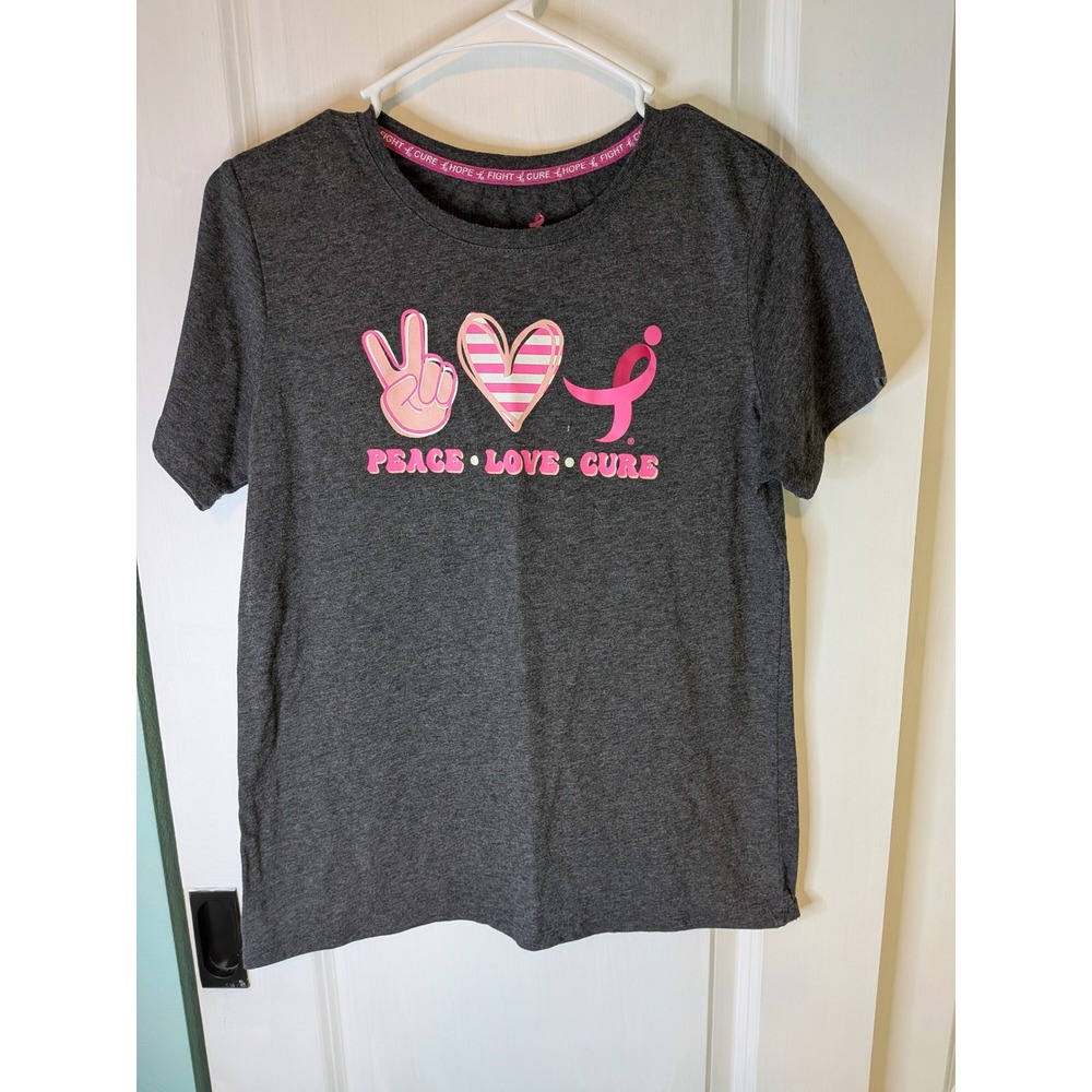 Breast Cancer Awareness Peace Love Cure Graphic Tee Charcoal Grey Medium 8-10